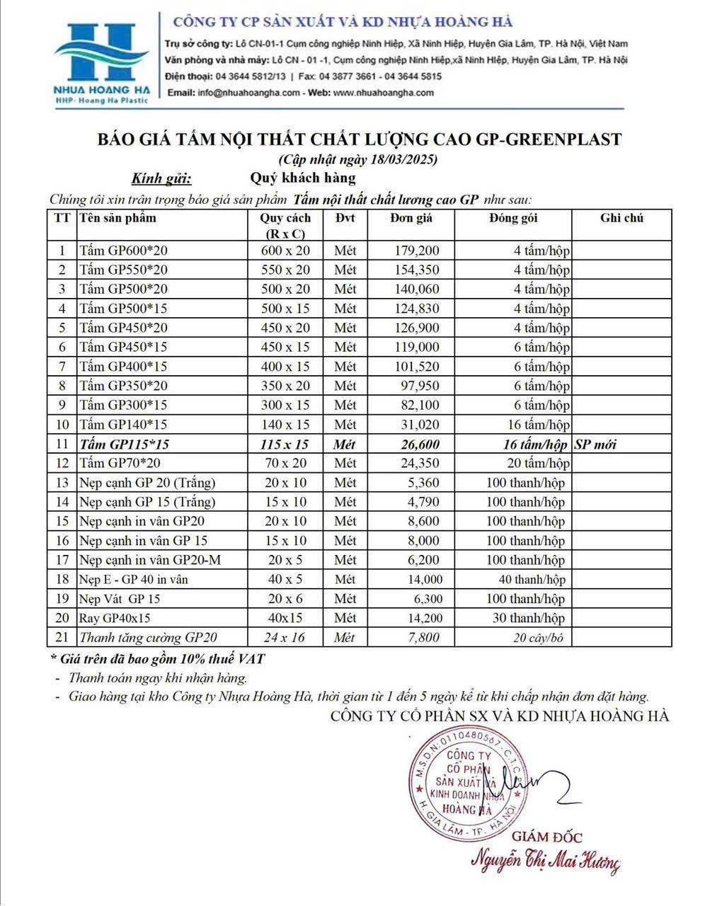 Bảng báo giá Tấm nhựa nội thất GP-GreenPlast