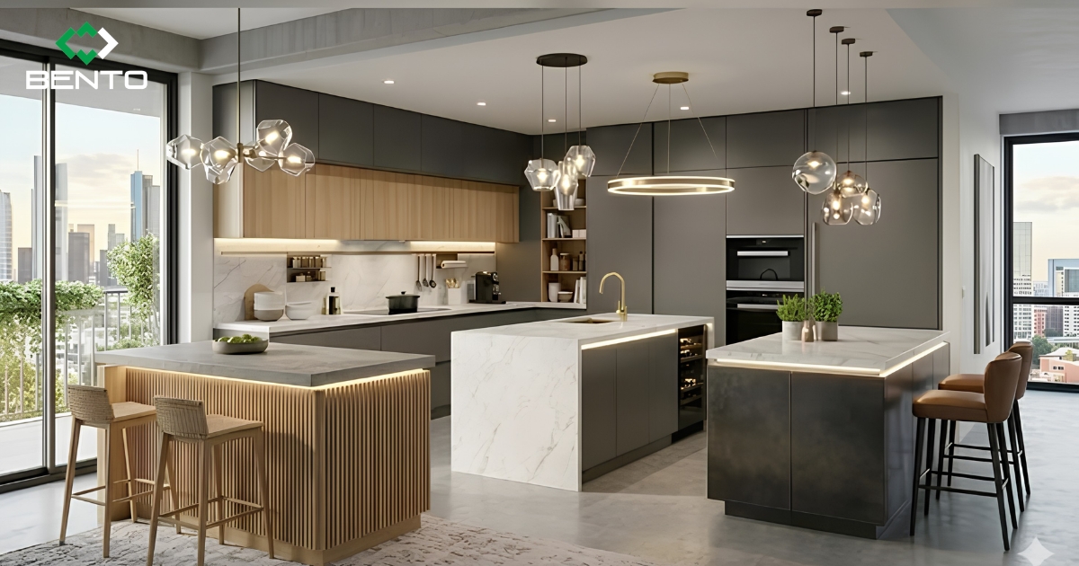 Giải pháp thiết kế tủ bếp cho chung cư nhỏ với bố cục hợp lý, tăng không gian lưu trữ và lựa chọn vật liệu phù hợp để sử dụng lâu dài.